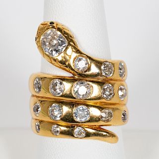 18k Yellow Gold & Diamond Snake Ring, 3.23 CTW