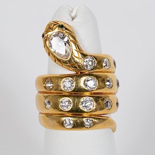 18k Yellow Gold & Diamond Snake Ring, 2.50 CTW