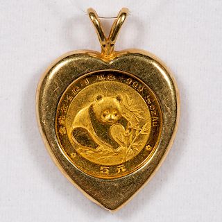 Yellow Gold China Panda Coin Heart Pendant, 1988