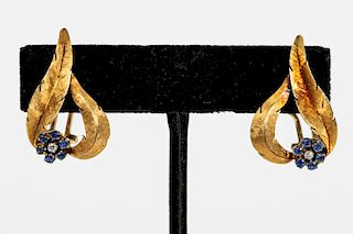 Pair of Gold, Sapphire, & Diamond Earrings