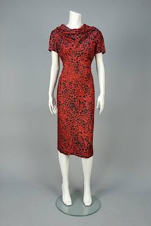 LANVIN-CASTILLO PRINTED SILK COWL DRESS, 1950s.
