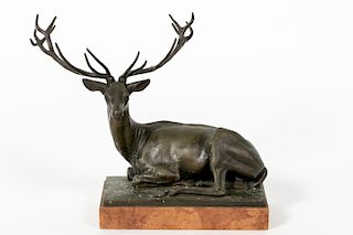 Michael Six, Bronze Seated Deer on Marble Base