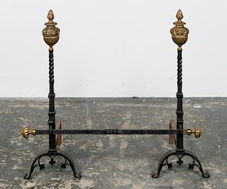 Renaissance Style Wrought Iron & Brass  Andirons