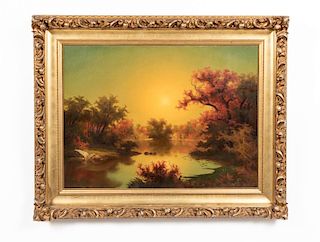 Late 19th C. O/C, Sunset Landscape with Lake
