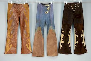 THREE PAIR APPLIQUED SUEDE BELL BOTTOMS, 1960s.