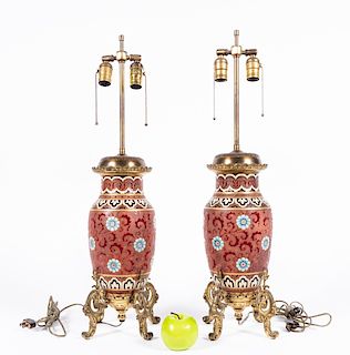 Pair, Longwy Workshop Pottery Floral Table Lamps