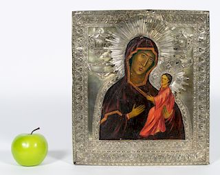 Russian Icon with Silver Riza, Madonna with Child