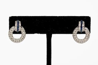 Pair, 18k White Gold, Diamond, & Sapphire Earrings