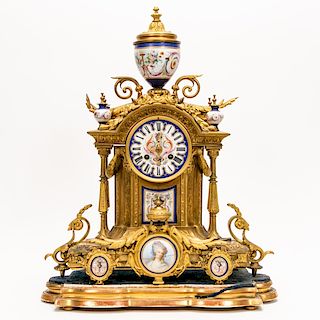 Louis XVI Style Gilt & Porcelain Mantle Clock