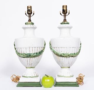 Pair of Italian Majolica Ceramic Urn Form Lamps