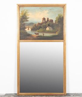 Gilt Wood Trumeau Mirror with Landscape Oil