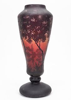 Daum Nancy Baluster Landscape Cameo Glass Vase