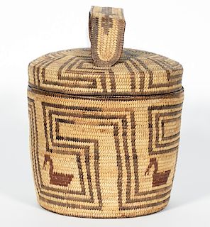 Papago/Pima Hand-Woven Lidded & Handled Basket