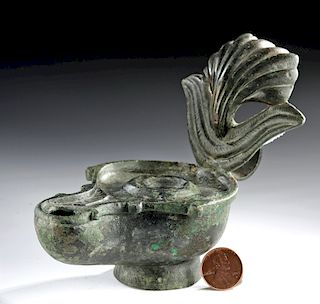 Late Roman / Byzantine Bronze Oil Lamp w/ Shell