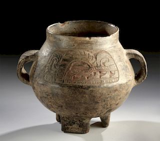 Rare Maya Pottery Tripod w/ Carved Glyphs