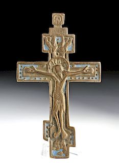 19th C. Russian Enameled Brass Three Bar Crucifix