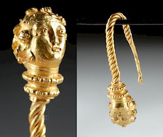 Greek Hellenistic Gold Earring w/ Dionysus, 4.2 g