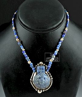 Roman Glass Necklace w/ Glass Lion Face Pendant