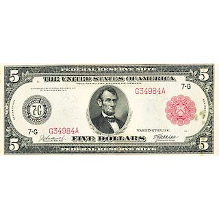 U.S. 1914 $5 RED SEAL FEDERAL RESERVE NOTE