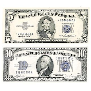 U.S. SMALL SIZE $5 AND $10 SILVER CERTIFICATES