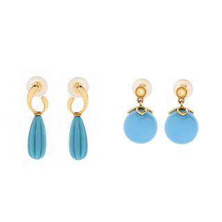 Two Pair Turquoise 18K Gold Earrings