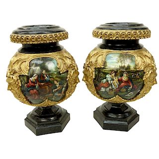 Pair Monumental Hand Painted Decorative Urns