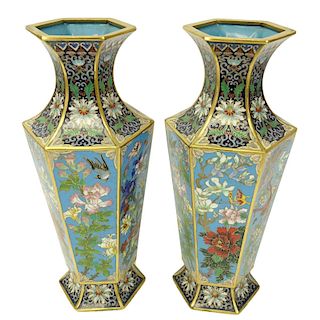 Chinese Cloisonne Pair Hexagon Vases