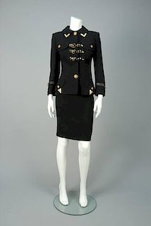 VERSACE WOOL SKIRT SUIT with BUCKLES and JEWELED BUTTONS.