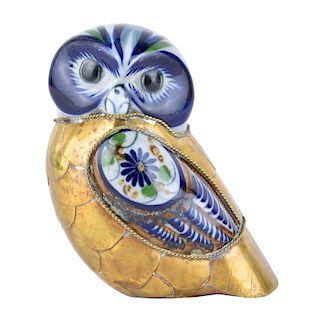 Bustamante Style Brass & Porcelain Owl