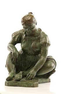 Cast Bronze Sculpture, Woman with Bird, Signed