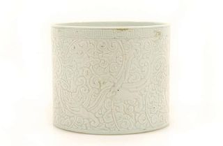 19th C. Celadon Porcelain Dragon Motif Brush Pot