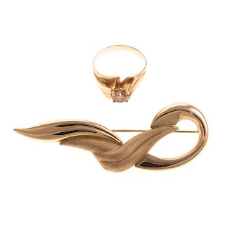 A Ladies Cognac Diamond Ring & Freeform Pin