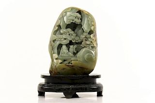 Chinese Celadon Jade Temple Carving in High Relief