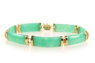 14k Yellow Gold & Green Jade Link Bracelet, 8"