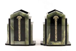Pair of Art Deco Green & Black Onyx Bookends