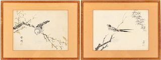 Pair of Japanese Paintings of Birds on Linen