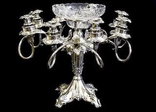 Silver Over Copper 8 Light Epergne w/ Crystal Bowl