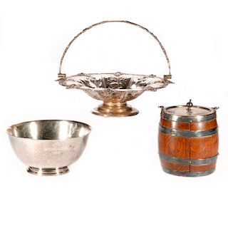 Two silver plate serving bowls and a tea caddy.