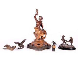 A Bronze angel on a marble mount and four small cast bronze figures.