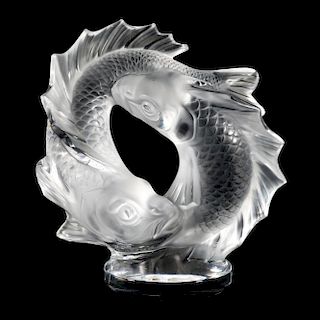 A LALIQUE CLEAR AND FROSTED GLASS DEUX POISSONS STATUETTE