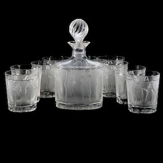 A LALIQUE CLEAR AND FROSTED GLASS DECANTER AND TEN (10) TUMBLERS