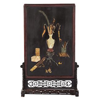 Chinese Carved Hardstone & Wood Table Screen