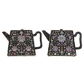 Pair Chinese Famille Noire Porcelain Teapots