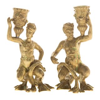 Pr. Renaissance Style Brass Figural Candle Holders