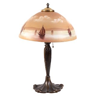 Arts & Crafts Table Lamp With Painted Glass Shade