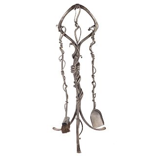 Art Nouveau Style Wrought Iron Fire Tools & Stand