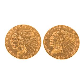 A pair of 1914-D Indian Gold Quarter Eagles
