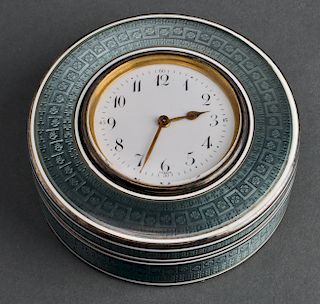 Cartier Silver Guilloche Enamel Covered Box Clock