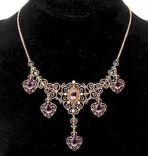 14K Gold Faceted Amethysts & Pearls Necklace