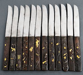 Japanese Meiji Mixed Metal Knives Signed, 12
